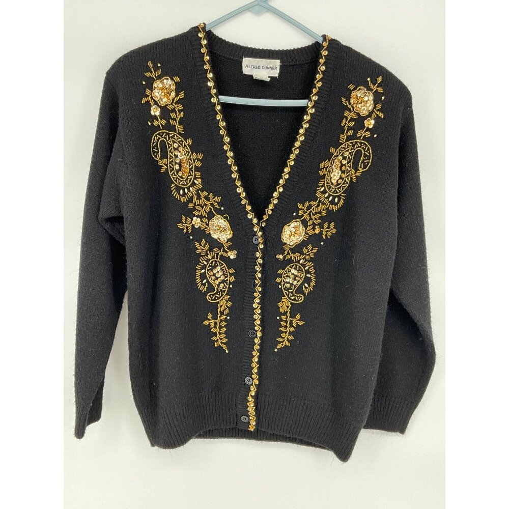 Alfred Dunner Black Cardigan Sweater With Gold Embroidery & Beading Accents Holi